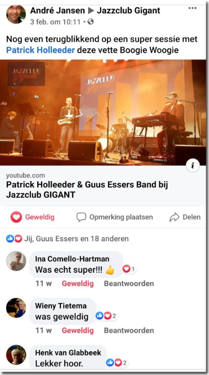 Reacties Optreden Patrick Holleeder & De Guus Essers Band, 26 januari 2020
